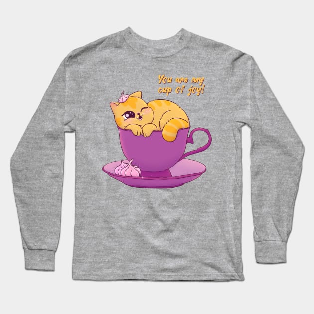 Cup Of Joy Cat Long Sleeve T-Shirt by LenasScribbles